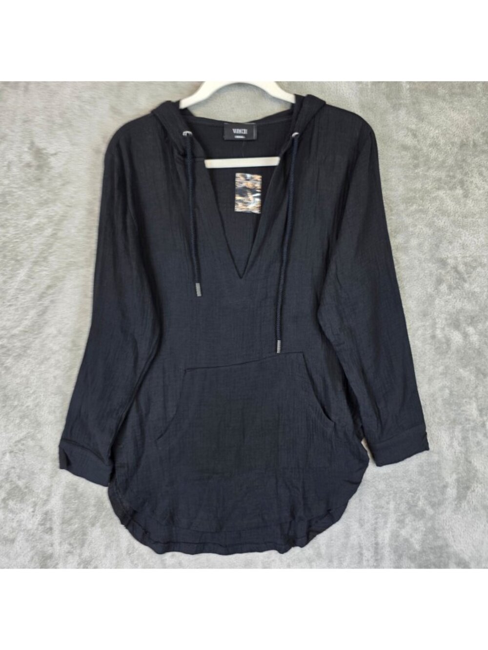 VICI Blouse Womens S Black Gauze V Neck Long Sleeve Hooded Tunic Kangaroo Pocket